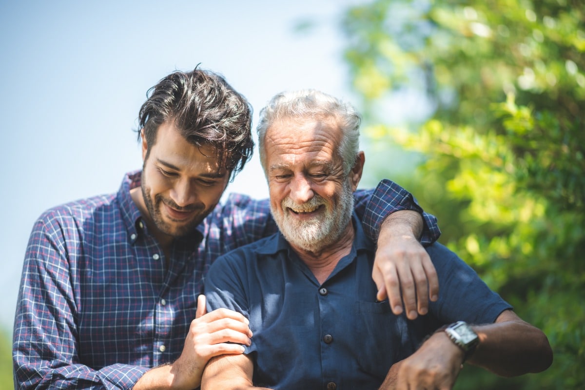 oracle-heart-and-vascular-stenting-preparation Father and adult son enjoying time together after heart care treatment at Oracle Heart & Vascular