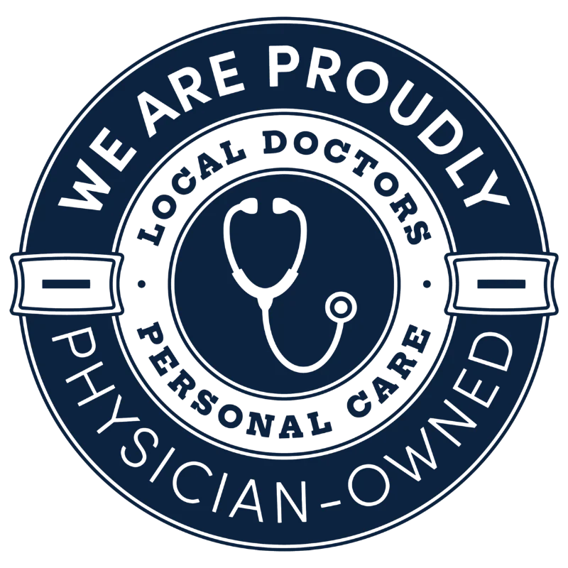 Oracle-independent-owned-badge-blue Blue circular badge reading โwe are proudly physician-owned โ local doctors โ personal careโ with a stethoscope icon in the center.